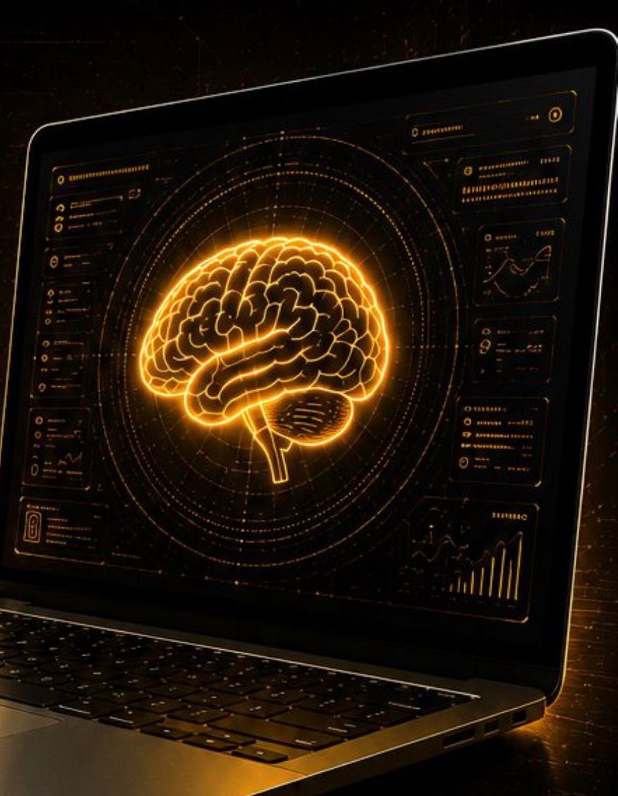 Laptop com cérebro dourado